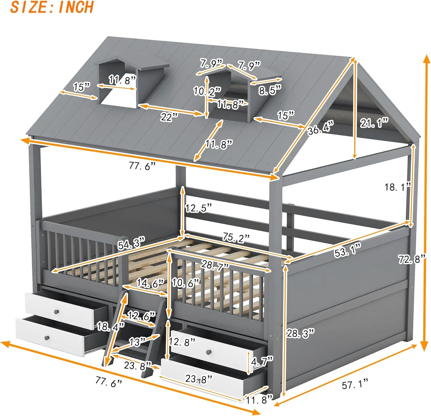 Merax Full Size Wood House Bed Frame With Full-Length Fence And 4 Storage Drawers, Kids Playhouse Tent Bed With Roof And 2-Step