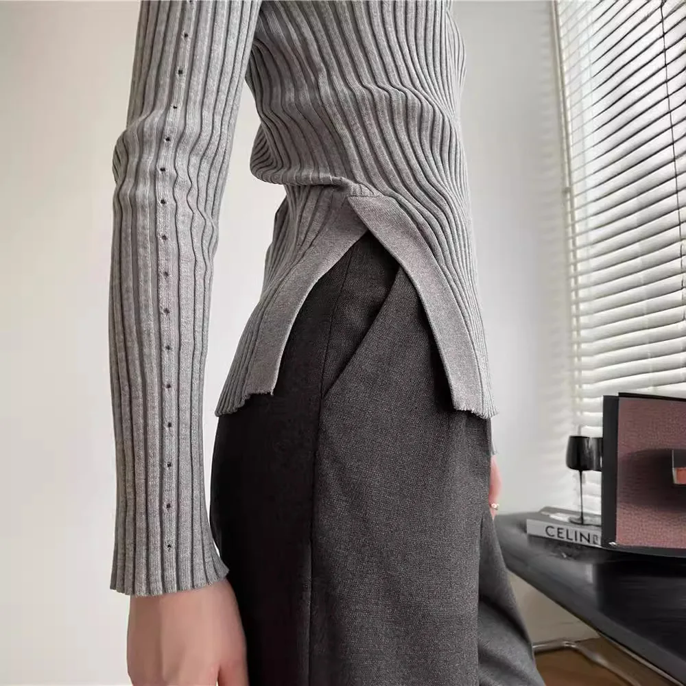 6214 Spring New Pure Desire Sexy Turn-Down Collar Split Ribbed Slim Fit V-Neck Knitted Sweater