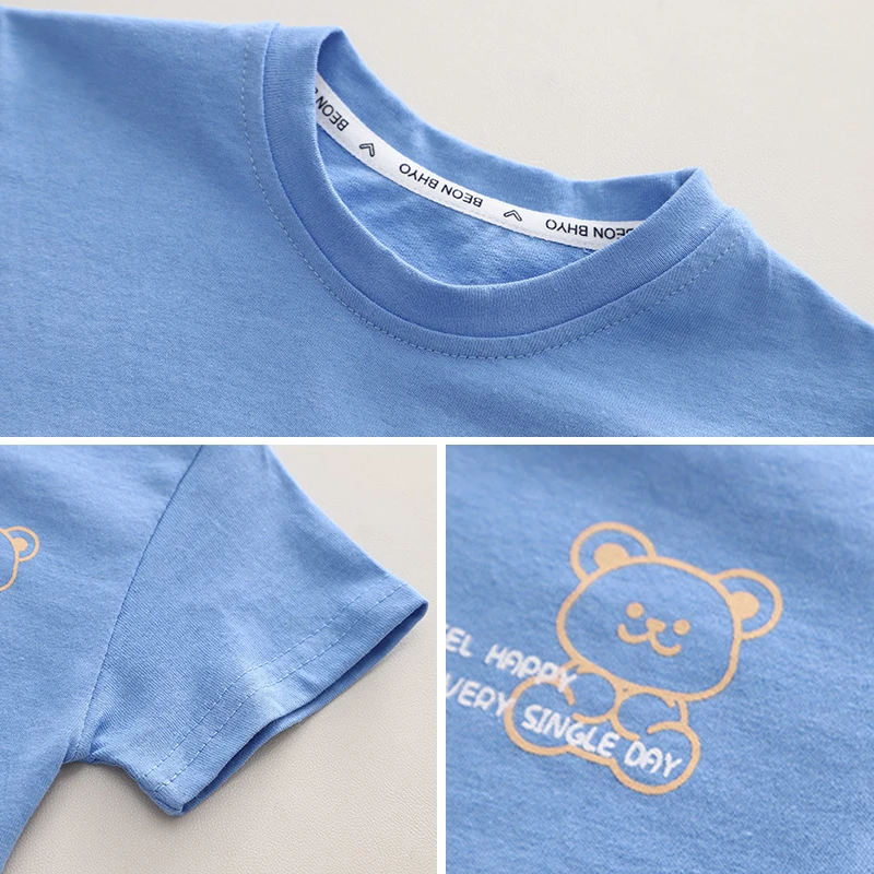 Ropa de algodón para niños, camiseta de oso de dibujos animados, pantalones cortos, chándal de moda para niños pequeños, atuendo informal para niños, verano, nuevo, 2 piezas por juego