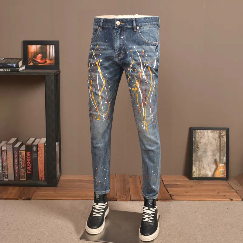 High Street Fashion Men Jeans Retro Blue Elastic Skinny Ripped Jeans Men Vintage Trousers Painted Designer Hip Hop Pants Hombre