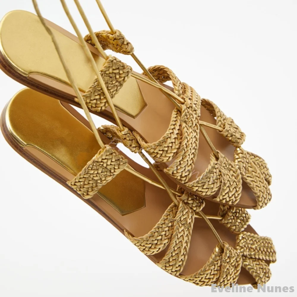 Strappy Woven Gladiator Sandals Women Gold Bohemian Style Closed Toe Hollow Flat Casual Sandals Summer New Beach Travel Sandals