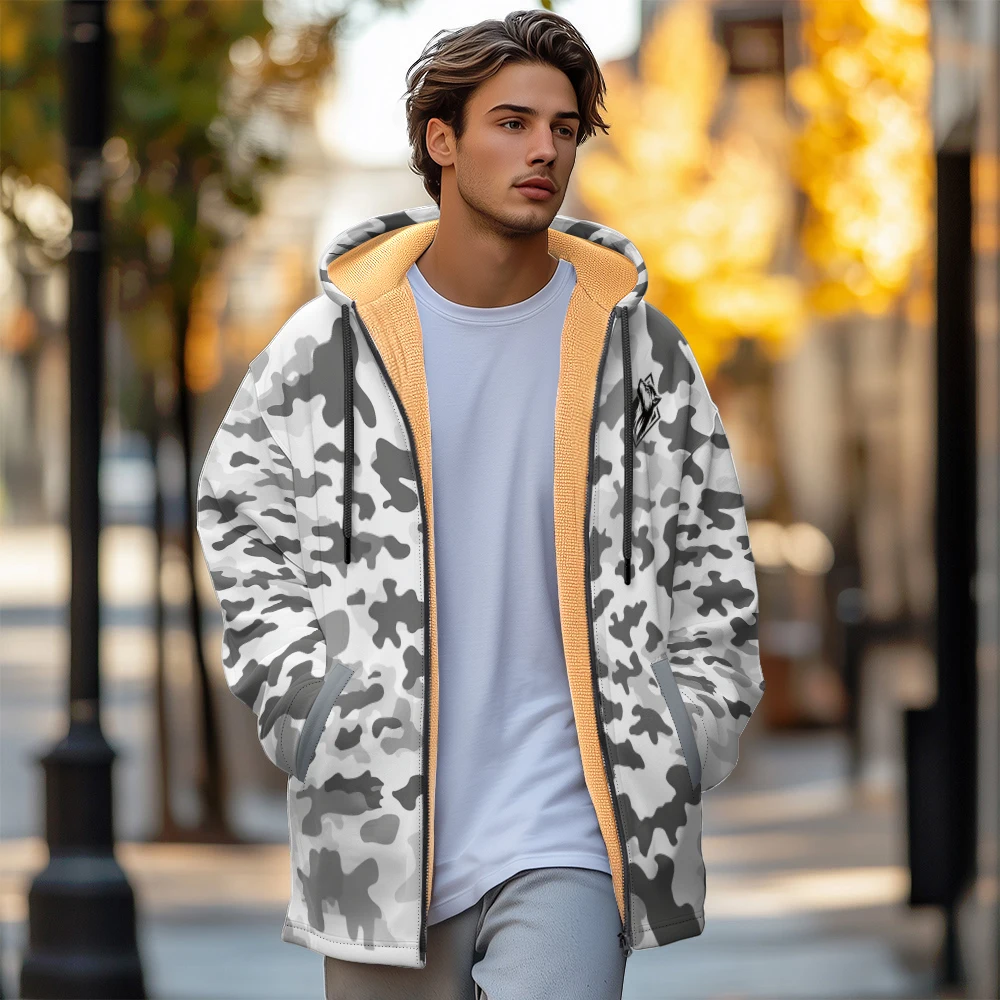 

Man winter clothing, New in Down Coats, Gray white camouflage design icon cotton-padded jacket clothing, feather pocket zipper