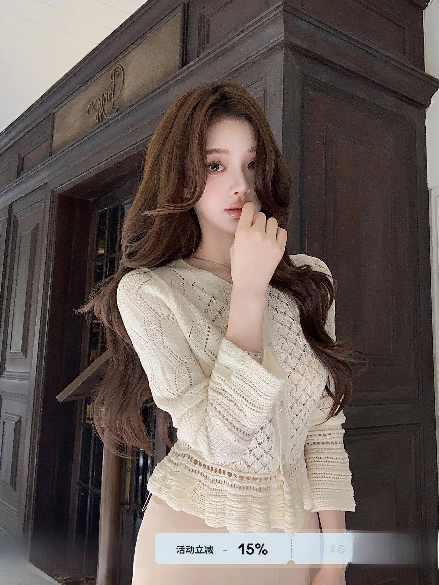 

White Hollow out Knitted Open Cardigan Women's Elegant Top Spring Season QingTian Story by Qiu RouYao Gentle Style Long Sleeve