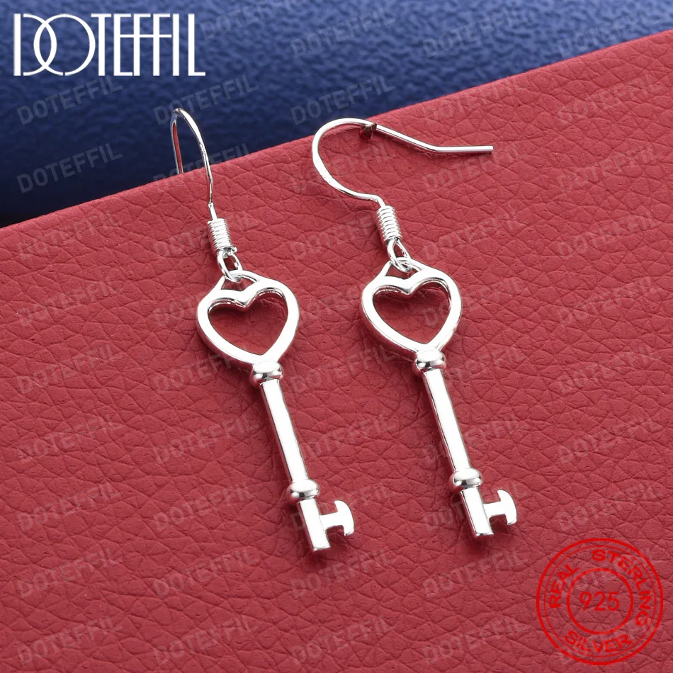 Charming 925 Sterling Silver Exquisite Heart-Shaped Key Earrings for Women, Fashionable Wedding Party Gift Jewelry