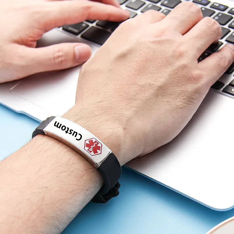 

Пользовательский гравировочный медицинский браслет с оповещением, идентификационный браслет для диабетиков, эпилепсии, астмы, кардиостимулятор из нержавеющей стали для женщин и мужчин, персонализированные ювелирные изд