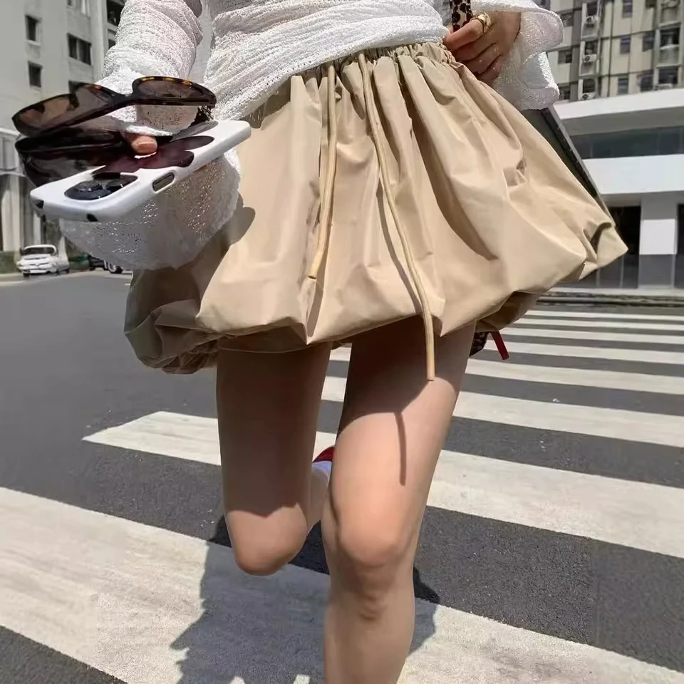 Solid Color Flower Bud Skirt Women's New Retro High Waist Drawstring Half Skirt Sweet Short Skirt