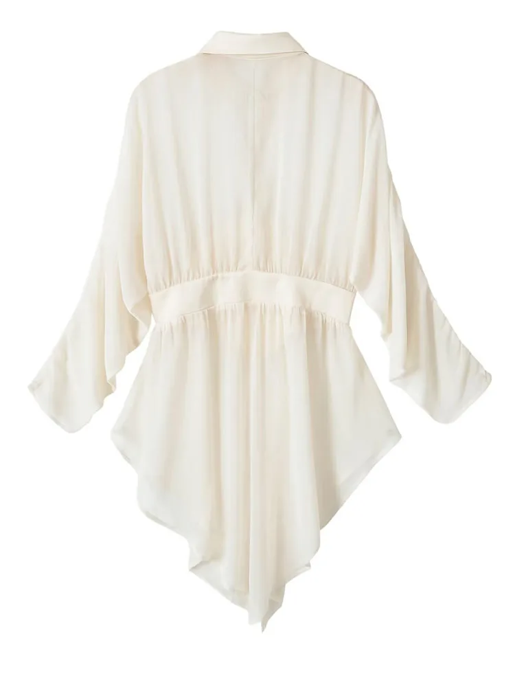 HH Vacation Casual Ivory Chiffon Longline Shirt Women Spring Summer Lapel Tie Neck Waist Cinched Asymmetric Hem Beach Chic Top