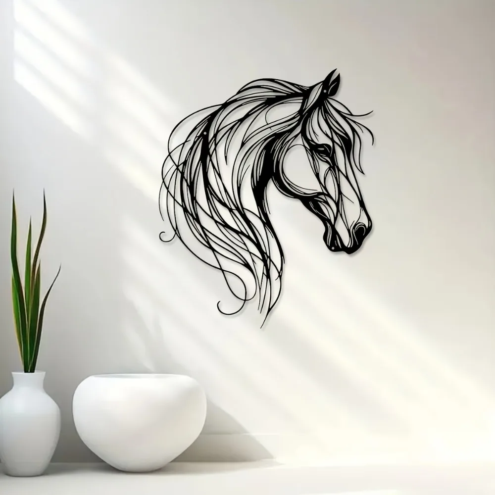 1Pc Modern Black Metal Horse Head Wall Hanging Art Stylish Line Decor for Home Bedroom Kitchen and Porch
