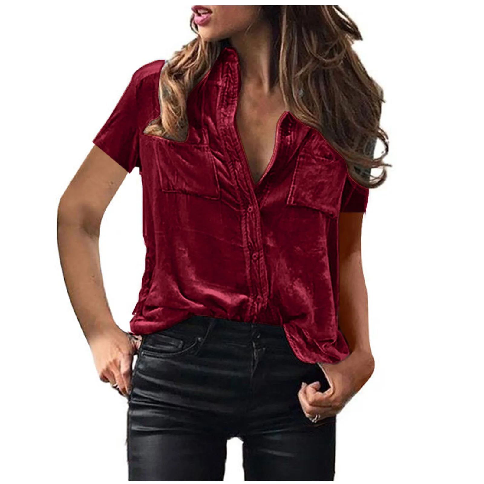 2025 Primavera Verano nueva moda mujer Color sólido básico Casual moda cuello vuelto camisas de manga corta ropa femenina Tops