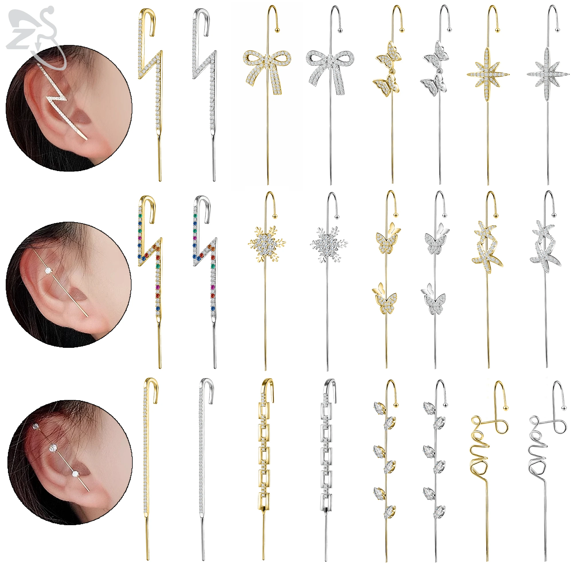 ZS 1 PC Ear Needle Wrap Crawler Hook Earrings For Women Girls Crystal Stud Earrings Lightning Butterfly CZ Cuff Piercing Jewelry