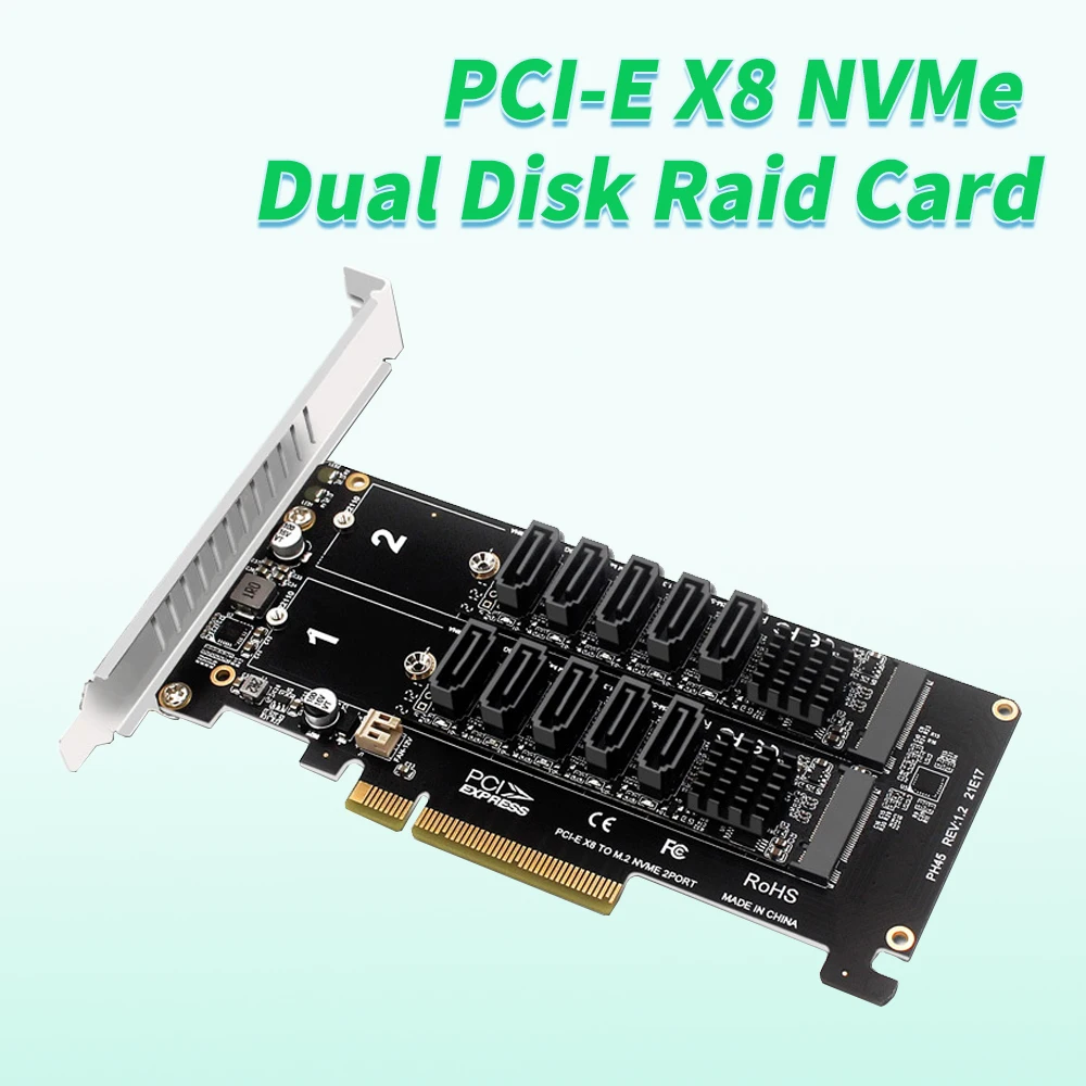 

Dual M.2 NVMe Raid PCI-E X8 Split Card To Sata 3.0 10-Port Expansion Adapter Card Riser M2 PCIe 8x JMB585 Chip PH45+PH56