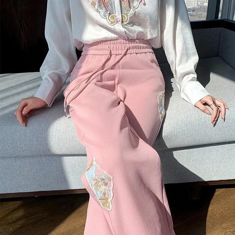 Chinese Style Fashion Embroidered Solid Color Straight Women Autumn Simplicity High Waist Wide Leg Elegant All-match Bloomers