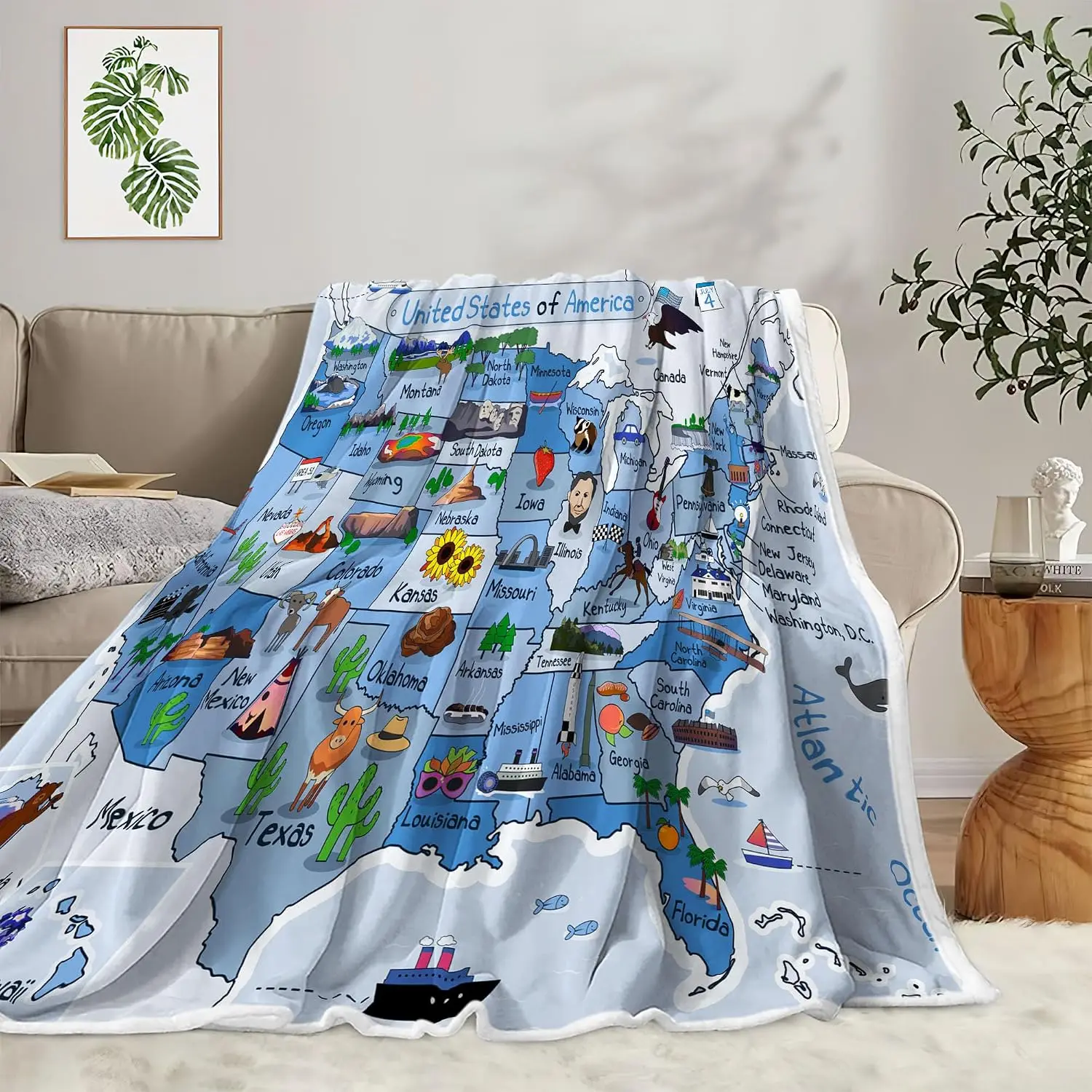 Light Blue Cartoon USA State Map Landmark Icon Flannel Throw Blanket Soft Warm Cover for Sofa Bed Kids Educational Bedroom Decor