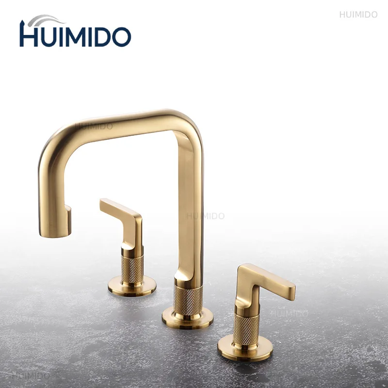 Brushed Rose Gold Widespread Basin Faucet Total Brass Gray Bathroom Faucet Sink Faucets 3 Hole Hot And Cold  Faucet Water Tap