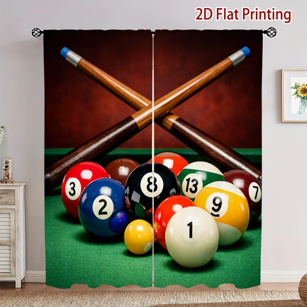 Billiards Pool Table Curtain, Realistic 8-Ball and Cues Design, Game Room Man Cave Window Drapes