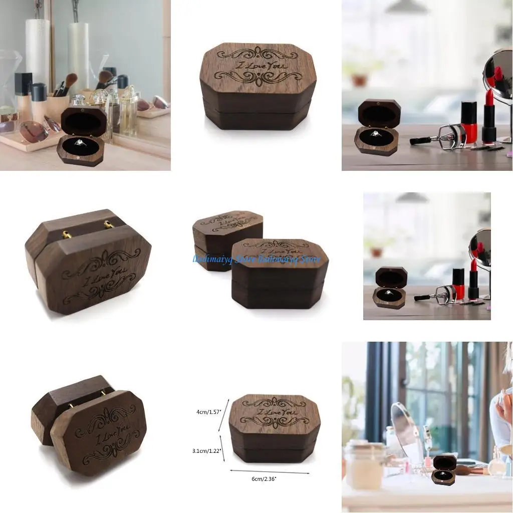 

573B Shaped Walnut Ring Box Soft Interior Holder Jewelry Wooden for Case for Proposal Engagemen