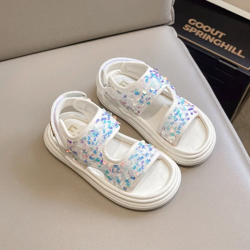 Summer Children's Sandals Sequins Thick Soled Girls Causal Princess Open-toe Sandals Fashion Non-slip Kids Beach Shoes Versatile
