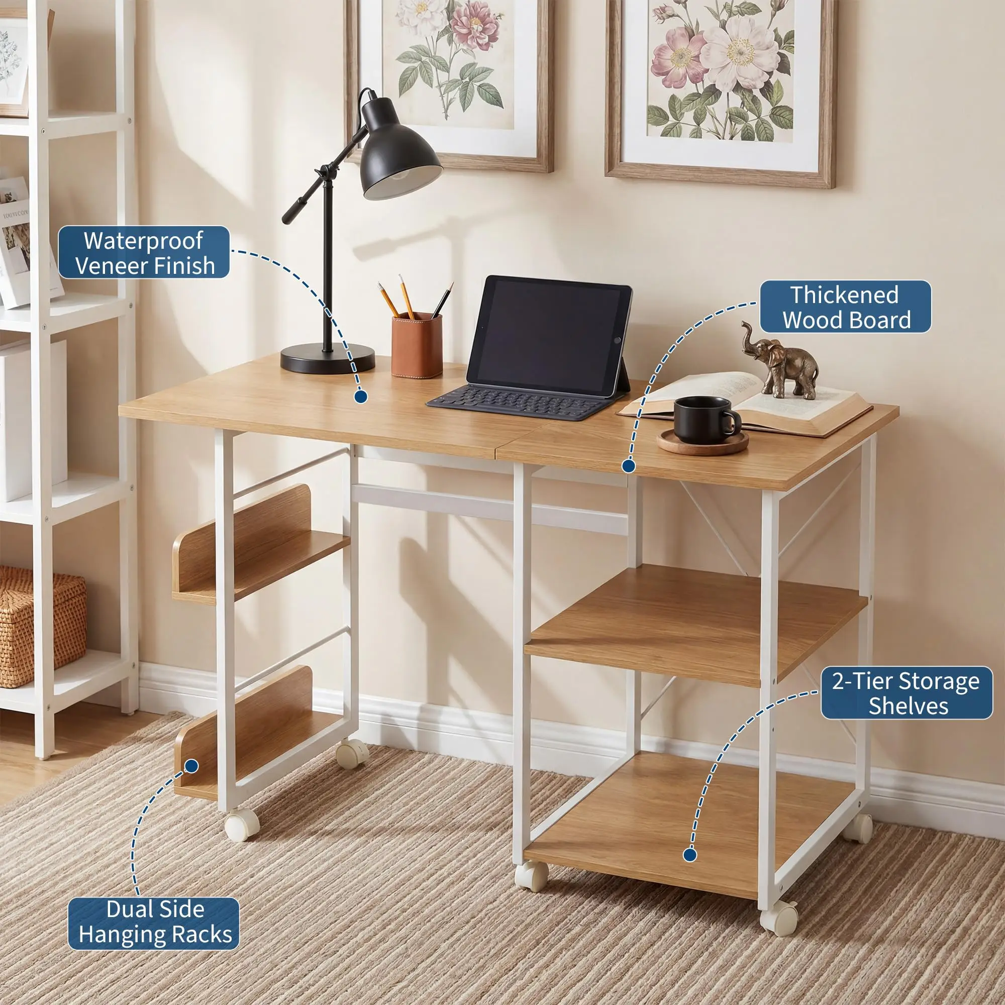 41inch Folding Computer Desk with Wheels, Space-Saving Mobile Home Office Writing Table, Storage Shelf, Side Organizer, Locking Rolling Casters