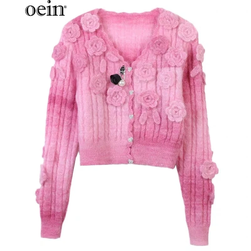 

[oein] Pink Sweet Knitted Cardigan Sweater New High End Sensation Rose Blossoms Exquisite Short Top