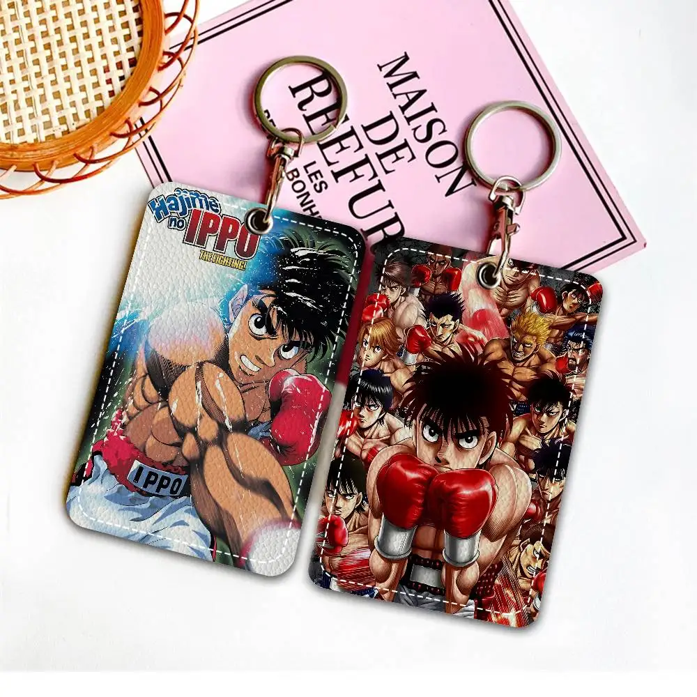 Hajime No Ippo Cartoon 1Pc PU Leather Card Holder Keychain Key Ring Door Lock Access Tags ID Card Case Keychain Card