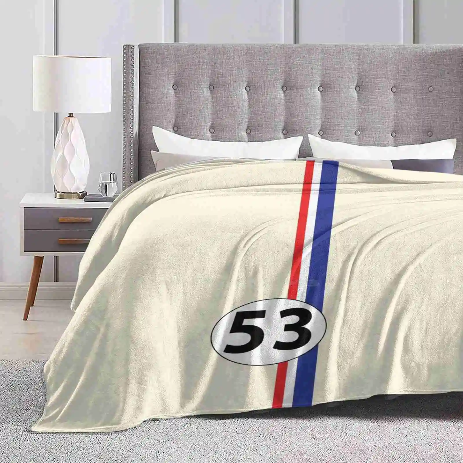 Herbie , Number 53 Fashion Soft Warm Throw Blanket Race Car 53 Red Stripe Blue Stripe Herbie Love Bug Racing Stripes Racing