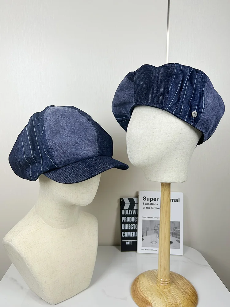 

Western Retro Washed Denim Striped Literary Painter Hat Classic Newsboy Hats British Men's and Women's Patchwork Forward Hat