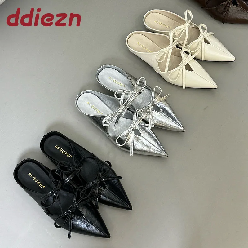 Zapatillas de tacón bajo con punta estrecha para mujer, zapatos de mulas a la moda con nudo de mariposa, zapatillas de tacón para mujer, sandalias, zapatos deslizantes para mujer