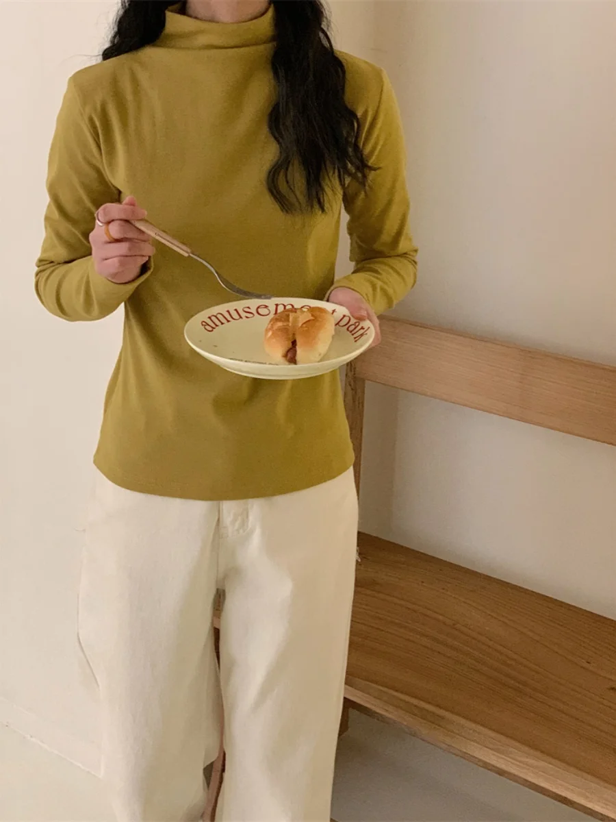 

Thiened Желтая куркума Шерстяной черепарик Базовый слой Повседневный теплый топ для поездок на работу и свитер с высоким воротником Long Sve round Ne