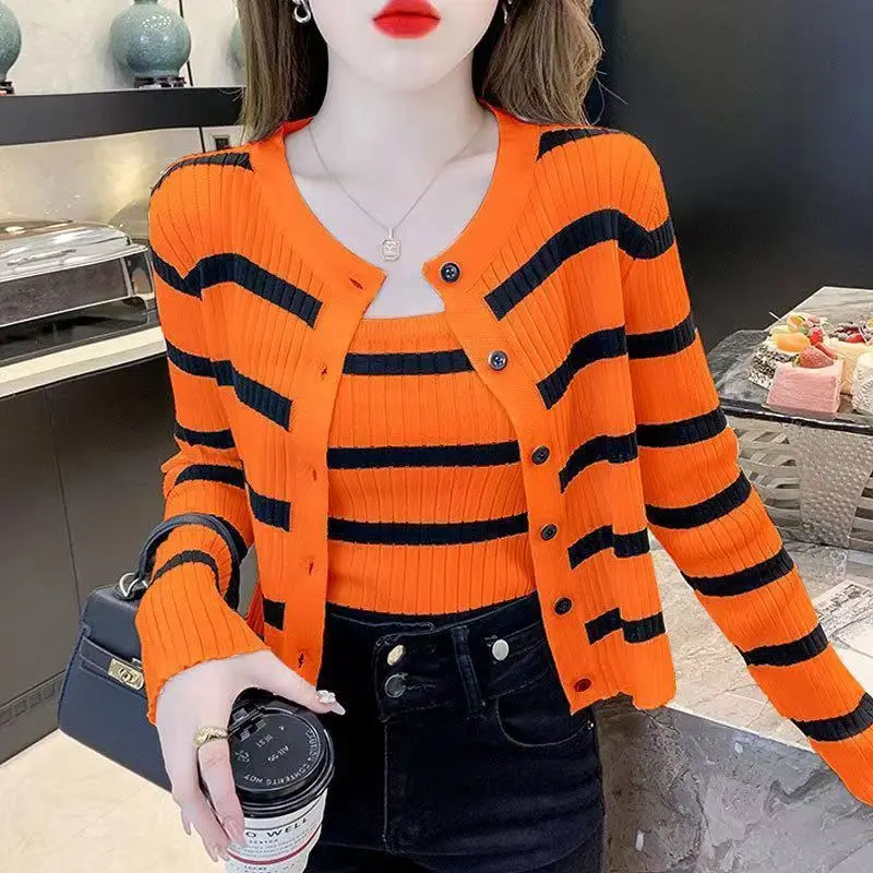 Spring Autumn Sweater Women\'s Fashion Korean Gentle Stripe Knitted Top Cardigan Coat With Suspender Two-Piece Set Femme Knitwear