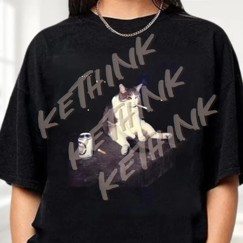 

2025 Funny Smoking Cat Meme T-shirt Washed Trendy Tee Men's Women Hip Hop Print Quality Top Streetwear Oversized Casual