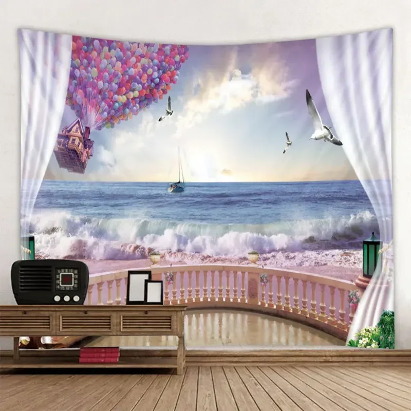 Hot Sales Beach Waves Outside The Window Patten Tapestry Sandy Beach Picnic Tower