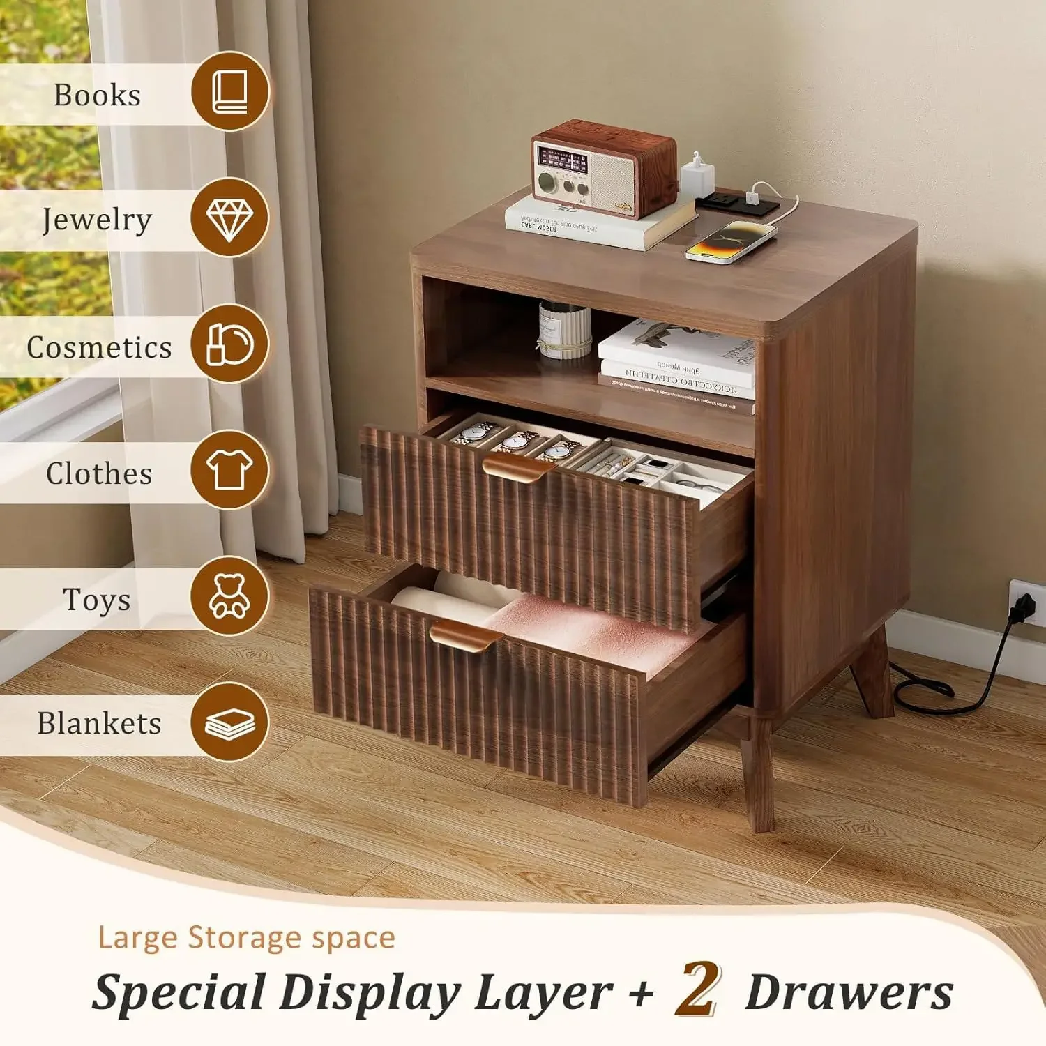 Cross-border Amazon foreign trade modern groove bedside table smart bedside table open storage bedside table multi-function