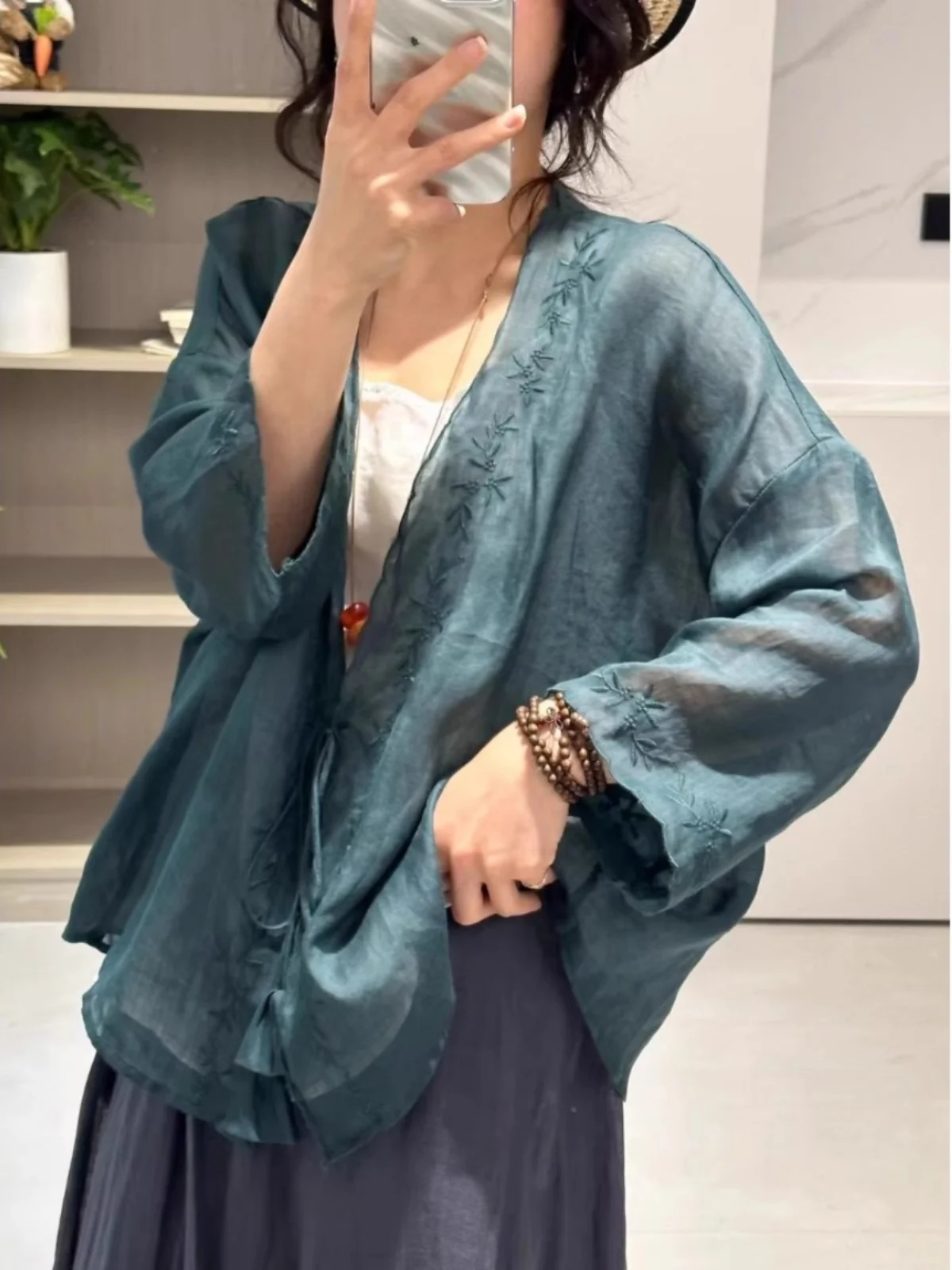 

Ele Embroidered Cotton Linen irt Women's Spring Summer Lightweight Long Sve V-Ne Large Size Top with Belt