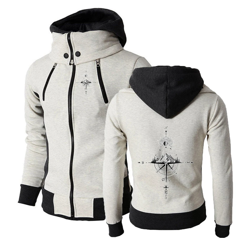 2025 Spring Autumn Man's Retro Compass Logo Print Stand Collar Hooded Sweatshirt Daily Fitness Sport Fashion Casual Hoodies