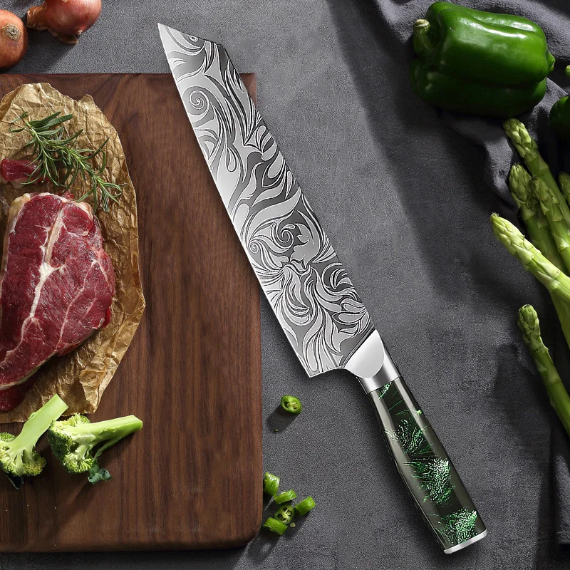 Super Sharp Damascus Pattern Kitchen Knife Set High Quality Chef Santoku Boning Paring Knife Series Green Resin Handle Nice Gift