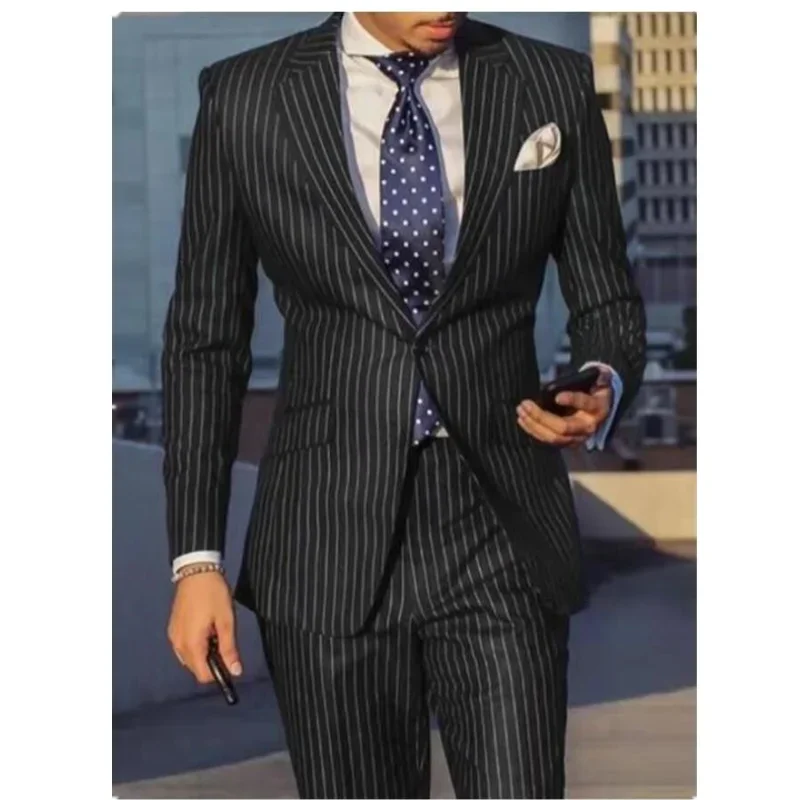 Navy Blue/Black Striped Men Suits Slim Fit Notch Lapel Single Breasted Wedding Groom Tuxedos 2 Piece Business Set (Jacket+Pants)