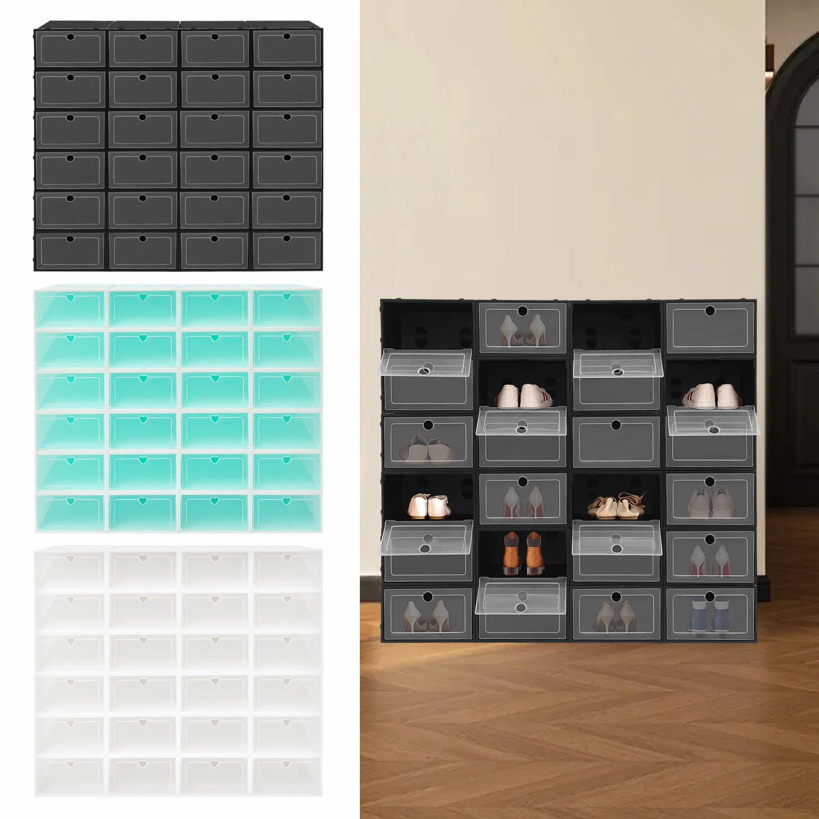 

24 шт. прямоугольная коробка для хранения обуви из полипропилена, черный/белый/зеленый штабелируемый органайзер для обуви 33*23*14 см для хранения различных типов обуви