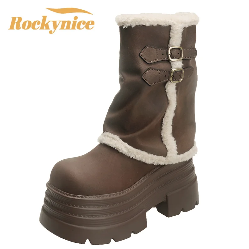 

10CM Thick Heels Motorcycle Boots Women High Platform Leather Snow Sneakers Winter Warm Fur Mid-calf Boots Plush Short Punk Boot