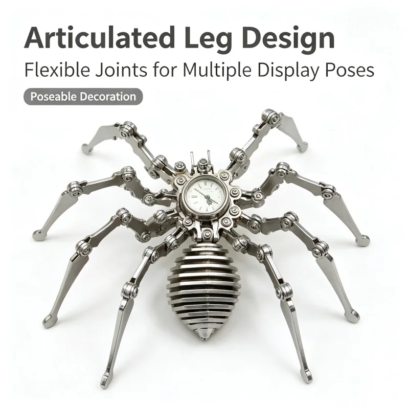 Steampunk Mechanical Spider Ornament with Clock, Stainless Steel Handmade Figurine, Movable Legs Desktop Decor, Collectible Gift