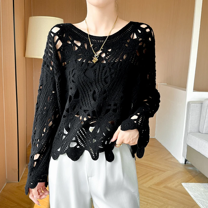 

New Fashion Spring Autumn Women's Lace Hollow-out Pullover 100% Merino Wool V-Neck Sweater Long Sleeve Quality Knitwear Tops