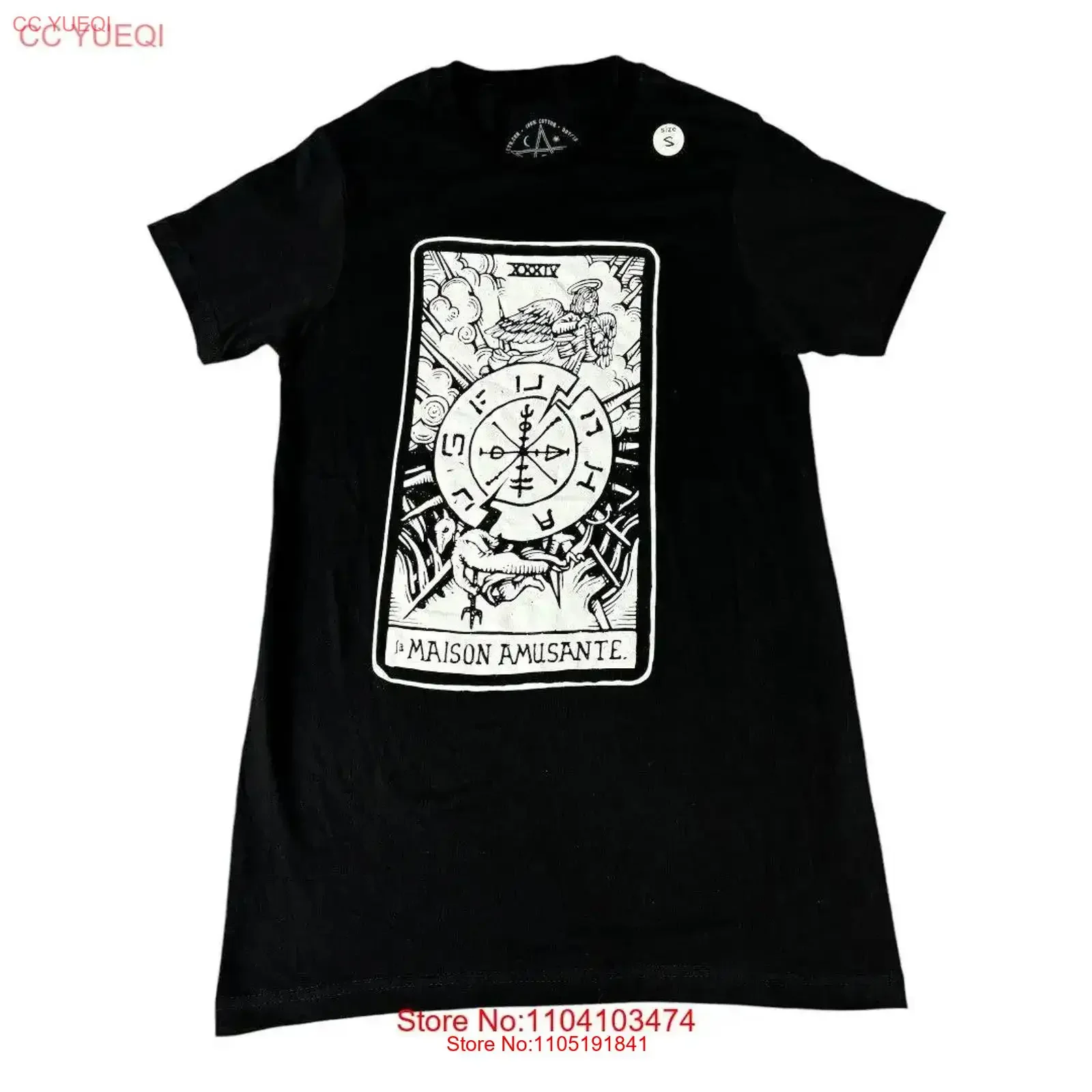Wheel Of Fortune Tarot Card Print Blk  T Shirt Small  vintage Washed streetwear Stylish Unisex Breathable fashion homme