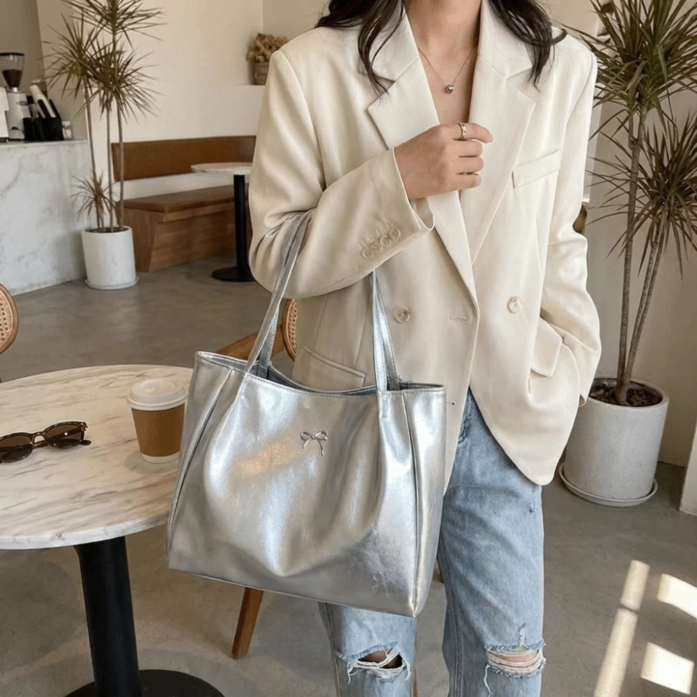 Classic Large Capacity PU Leather Tote Bag Bowknot Polyester Shoulder Bag Lightweight Casual Handbag Work