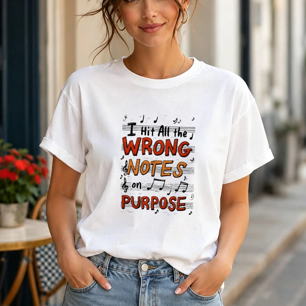 Wrong Notes on Purpose Pun Women White Cotton T-Shirt Funny Music Artist Graphic Print Summer Short Sleeve Tee