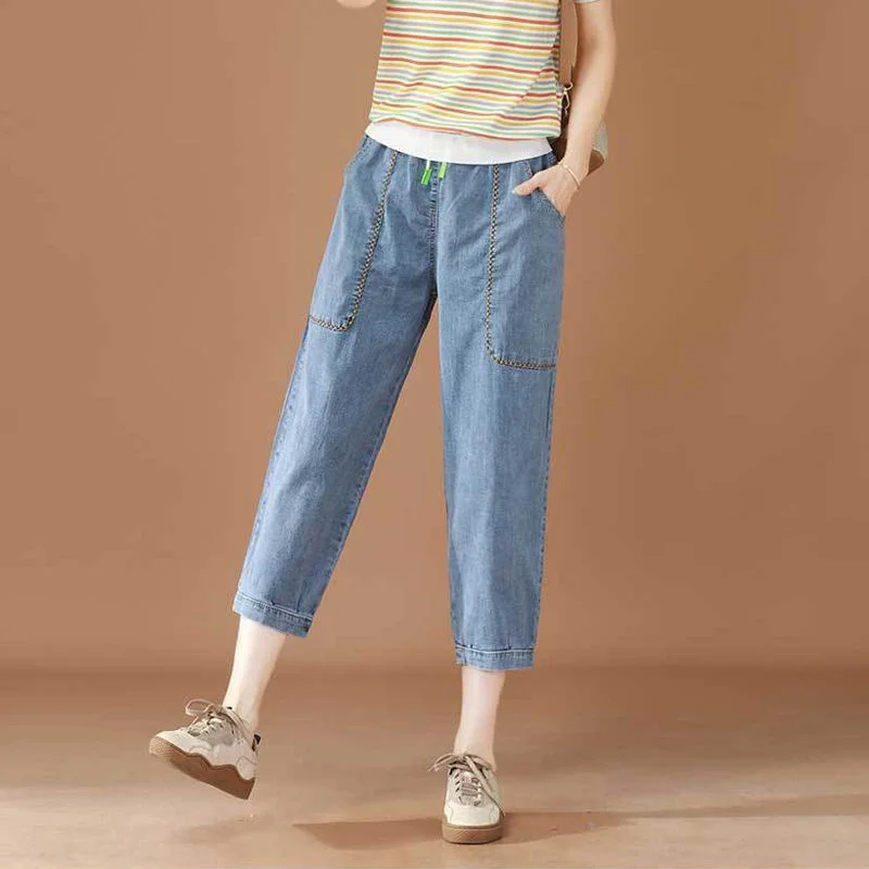 High Waist Jeans Woman Summer Thin Denim Pants Trousers Capris Jeans For Women Calf Length Harem Pants Female Breeches