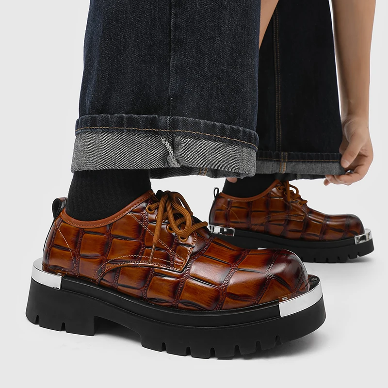 

Retro Brown Leather Shoes Men Comfort Big Head Lace-up Men's Derby Shoes British Style Casual Business Shoes Man Platform Shoes