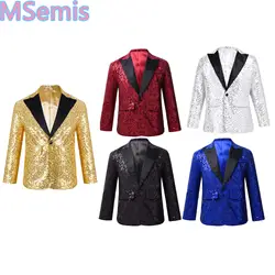 Kids Boys Sequins Blazer Tuxedo Lapel Stylish Shiny One Button Suit Jacket Coat for Wedding Banquet Party