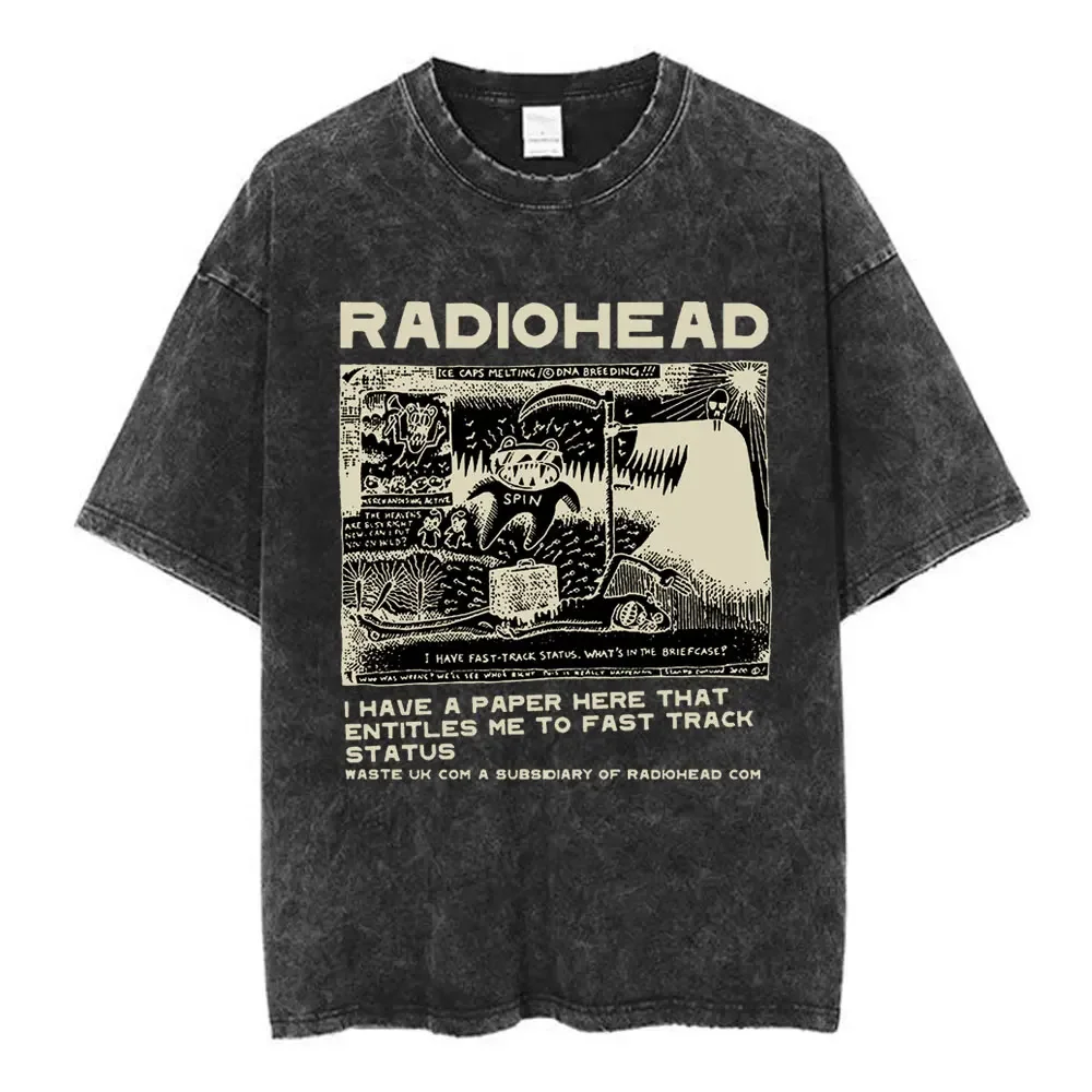 Rock Band Radiohead The Bends Vintage Washed T-shirt Men Women Fashion Hip Hop T Shirts 100% Cotton Casual T-shirts Streetwear