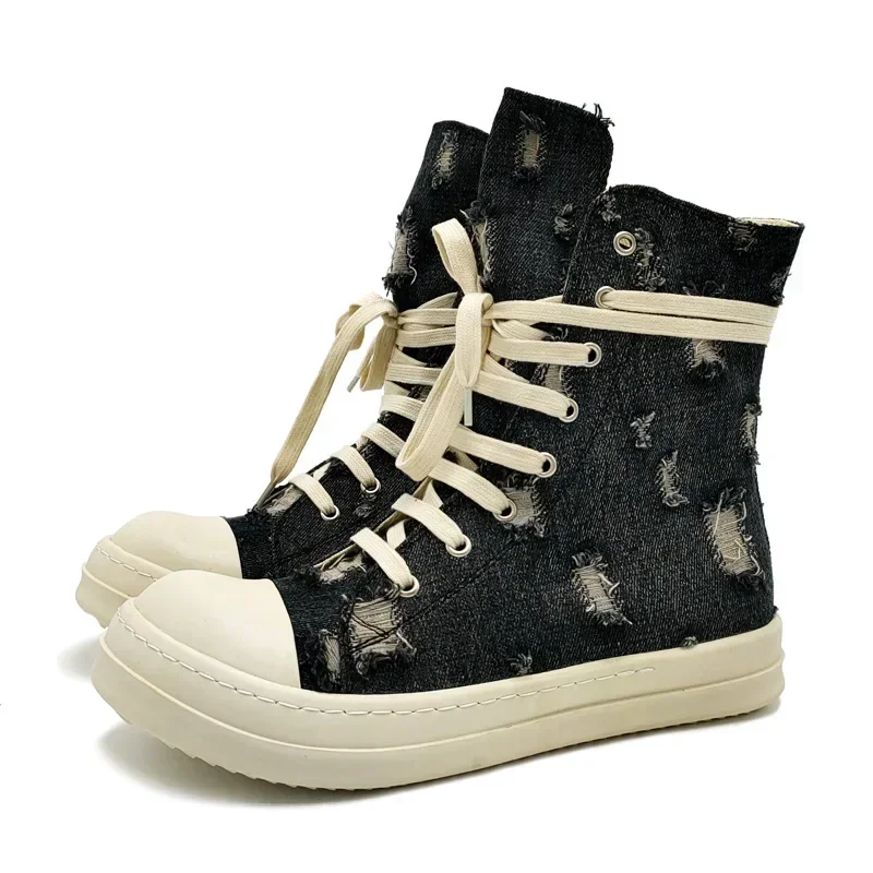 Fashion Hole Breaking Denim Casual Canvas Women's Shoes High Top Sneakers Couple Classic Canvas Flat Ankle Boots Male Footwear