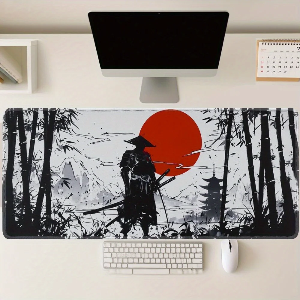 Cool Samurai and Red Moon Pattern Mouse Pad Desk Mat Non-Slip office rug Stitched Edge Gaming pad desk accessories xxl mousepads