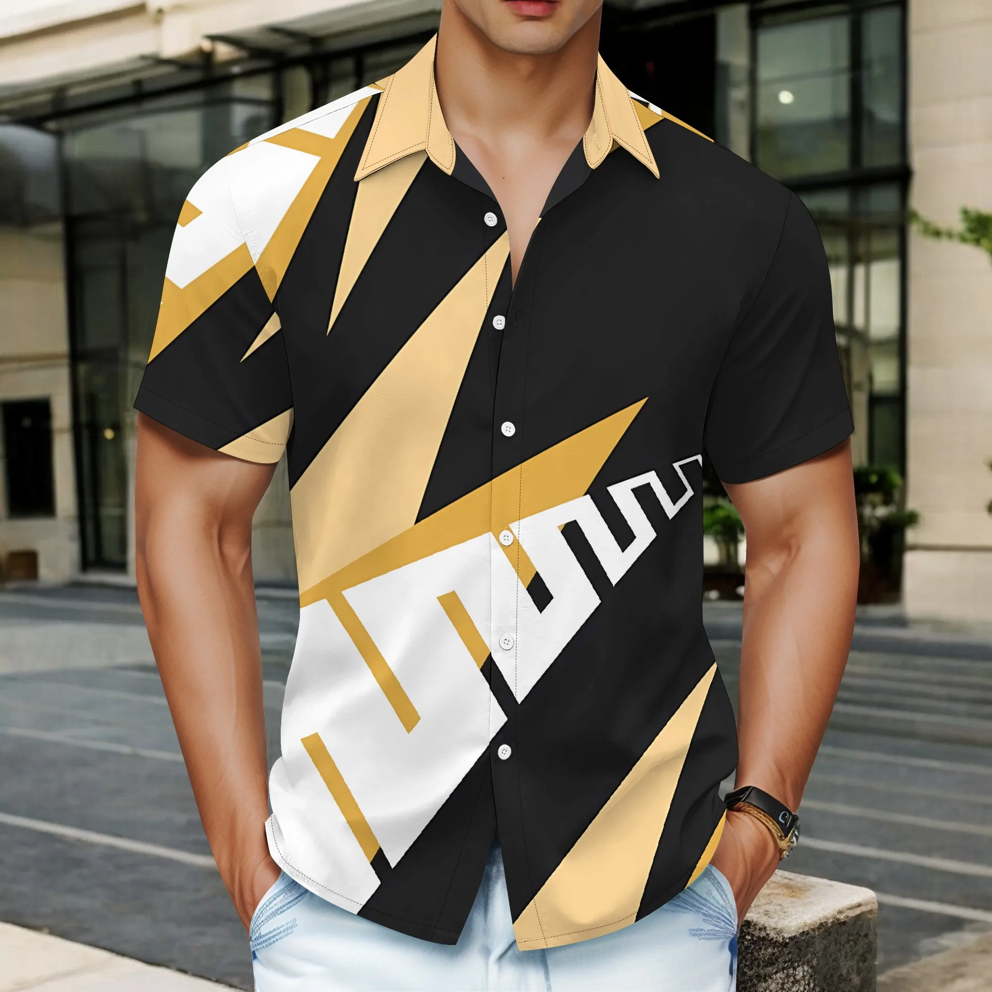 

YEAE Geometric Cut Pattern Shirt for Men Summer Casual Short Sleeve Top